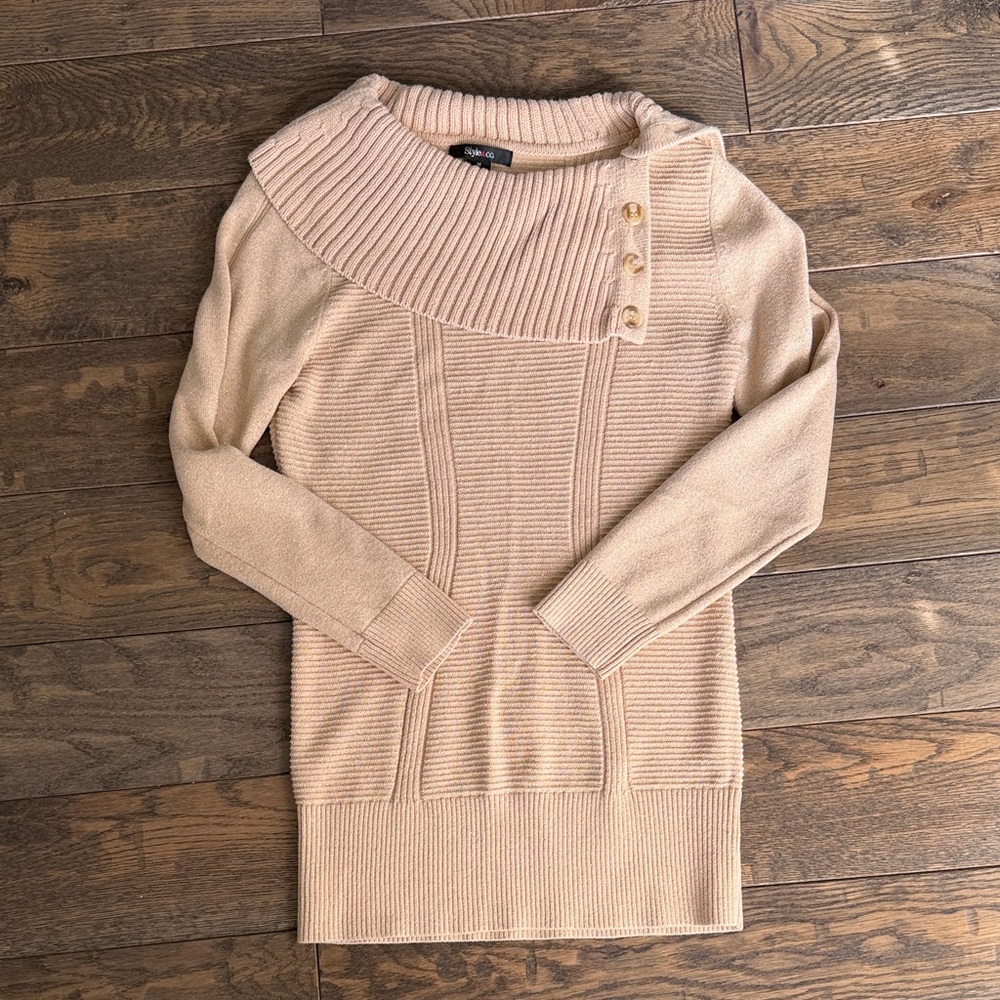 Style & Co. Women's Metallic Cream Button-Shoulder Ribbed Turtleneck Sweater